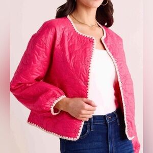 Cropped Quilted Pink Bomber Jacket with Contrast Trim